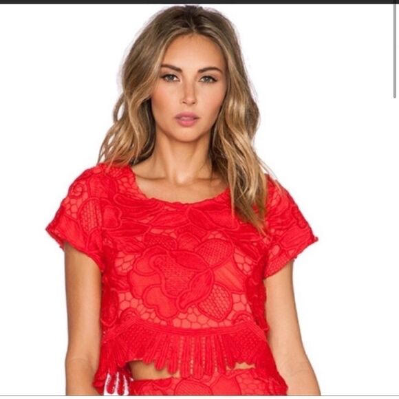 Lovers + Friends Daycation Crop Top in Coral Red Lace sz S Small - Picture 1 of 9